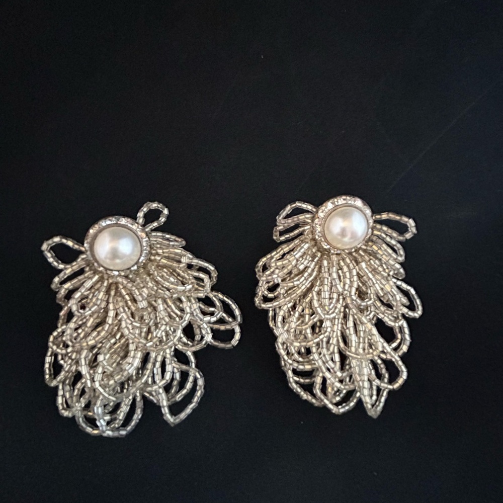 Silver Beaded Pearl Cluster Earrings